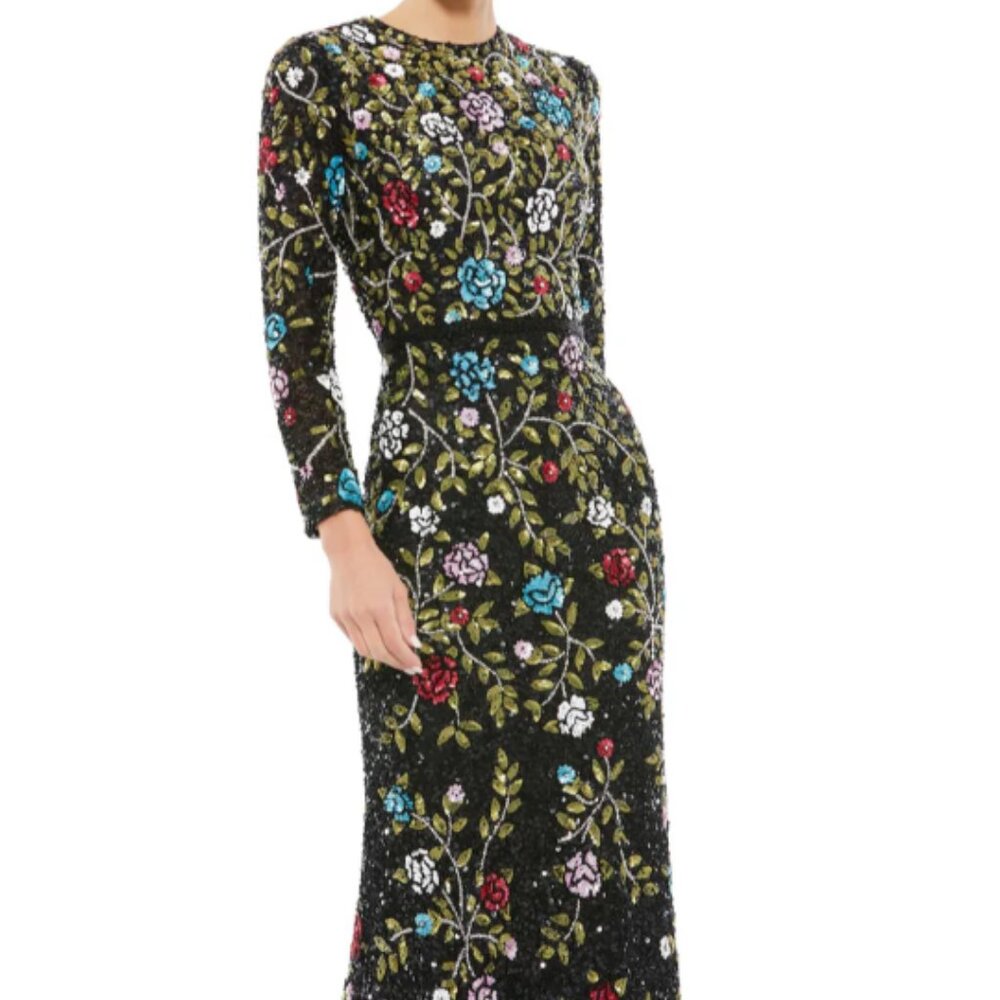 MAC DUGGAL 5556 FLORAL EMBELLISHED LONG SLEEVE BLACK MULTI GOWN sz 20